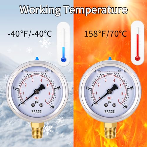 Image of 0-100 Psi Pressure Gauge, Glycerin Filled, water pressure gauge, 2-1 /2 inch Dial, 1 /4 inch NPT Lower Mount, Stainless Steel Case, for Pneumatic Regulator Air Compressor RV Regulator Water Pressure Test