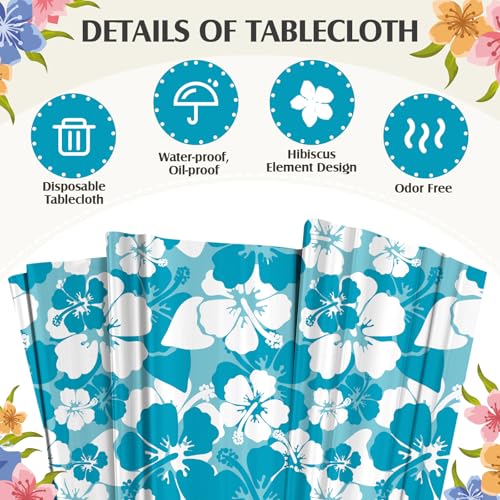 Image of Nitial 6 Pcs Hawaiian Hibiscus Party Tablecloths Plastic Disposable Luau Table Covers for Tropical Luau Bar Party Supplies Summer Beach Pool Birthday Decorations, 108 x 54 Inch