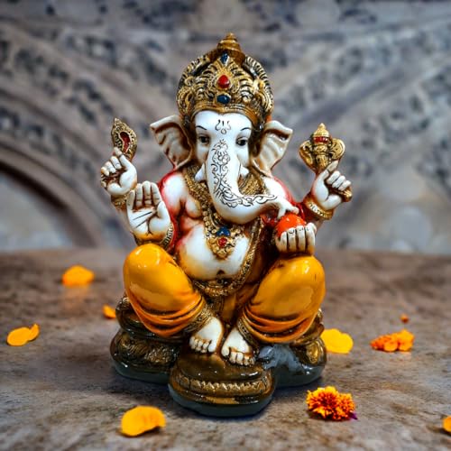 Image of Marble Lord Ganesha Idol with Golden Mukut Ganesh ji Murti Ganesh Showpiece for Home Decor,Study Table,Office Ganesha Idol for Home decor, Ganesha Idol for Pooja Room(16.5 cm)