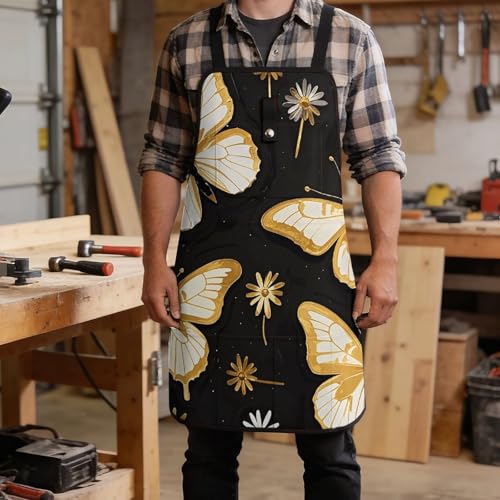 Delantal de trabajo negro con mariposas y bolsillos miniatura 5
