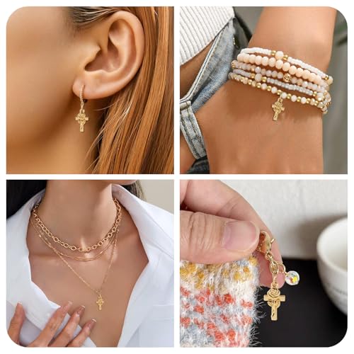 Image of 10Pcs 18K Gold Plated Cross Charms Brass Golden Crucifix with Rose Flower Pendants Permant Metal Jewelry Charms with Jump Ring for DIY Bracelet Necklace Earring Jewelry Making