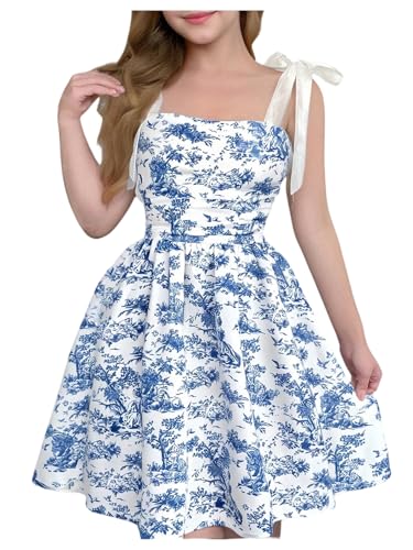 Girl's Floral Cami Dress Tie Shoulder Bowknot Sleeveless Ruched Ruffle Vacation Sundress