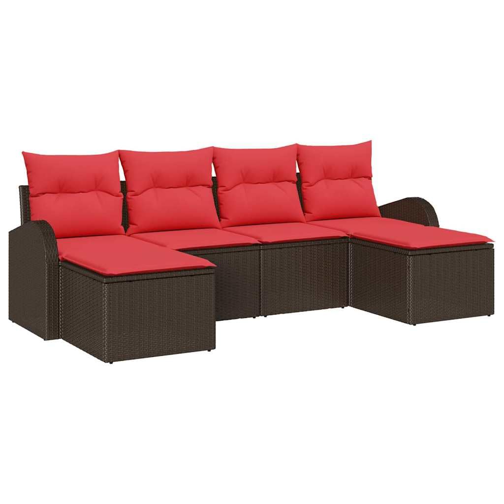 Ensemble de Canapé de Jardin 6 Pièces en Résine Tressée Marron, Salon de Jardin Modulable avec 2 Sièges d'angle et 2 Poufs, Mobilier Extérieur pour Terrasse et Balcon