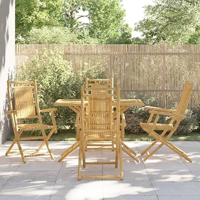 NKOPPFG 5 Piece Bamboo Patio Dining Set with Foldable Table and Chairs, Waterproof Outdoor Garden Furniture for Relaxing