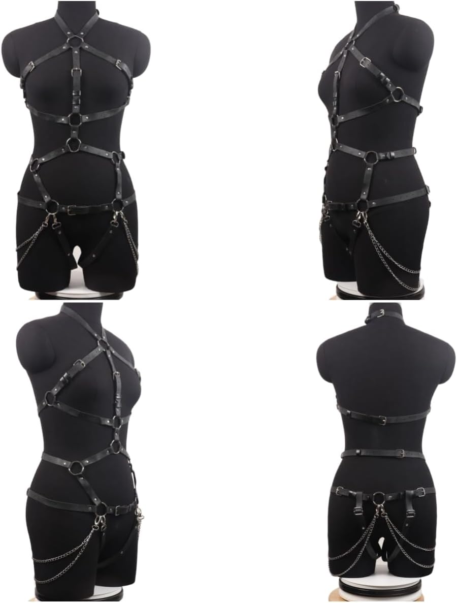Women's Body Harness Belt Caged Harness Lingerie Set Gothic Punk Leather Adjustable Body Chest Harness Bondage Belt Strap Set for Female Ladies, BDSM Party Club Nightclub Masquerade Cosplay Costume