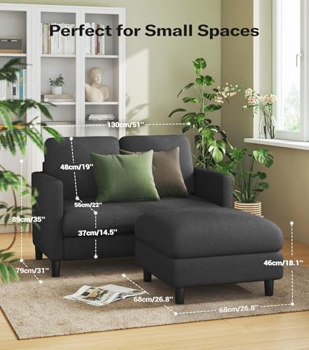 Image of Welzona Loveseat Sofa with Ottoman, 51 inch Small L Shaped Teddy Couch Sofa | Comfy Teddy Fabric, Tool-free Setup, Washable Covers, All-wood Couch Sets for Living Room, Bedroom, Small Spaces, Grey