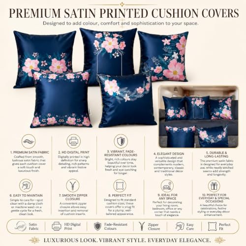 Image of Decorative Satin Sofa Cushion Covers Set of 5, 16 x 16 Inches, Multicolor Floral Printed Pillow Covers for Living Room, Bedroom, Couch & Sofa, Soft Glossy Fabric, Zipper Closure