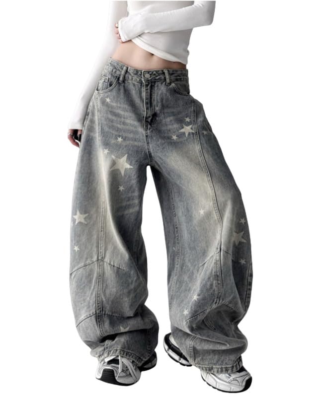 BeRamg Baggy Jeans Women Girls Star Printed Barrel Jeans Low Rise Cute Grunge Denim Pants Emo Clothes(Blue3-S)