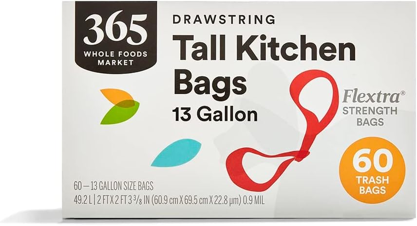 365 by Whole Foods Market, Flextra Strength Drawstring Tall Kitchen Trash Bags, 13 Gallon, 60 Count 365 by Whole Foods Market, Flextra Strength Drawstring Tall Kitchen Trash Bags, 13 Gallon, 60 Count