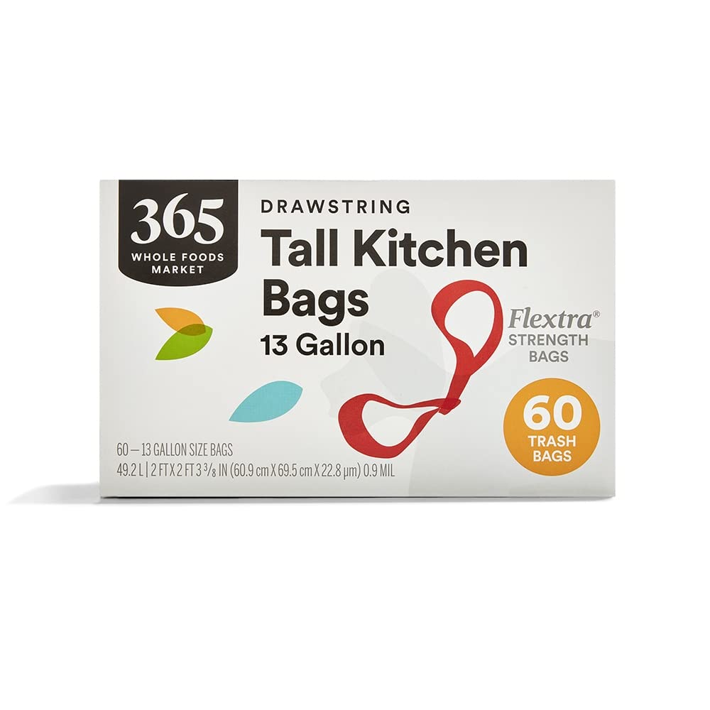 365 By Whole FoodsMarket, Flextra Strength Drawstring Tall Kitchen Trash Bags, 13 Gallon, 60 Count