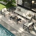 Patio Kingdom 7 Piece Patio Furniture Set, HDPE Outdoor Sectional with Beige Washable Thick Cushions, Coffee Table & Side Table, Patio Conversation Sets for Lawn, Garden, Porch, Balcony (Grey Frame)