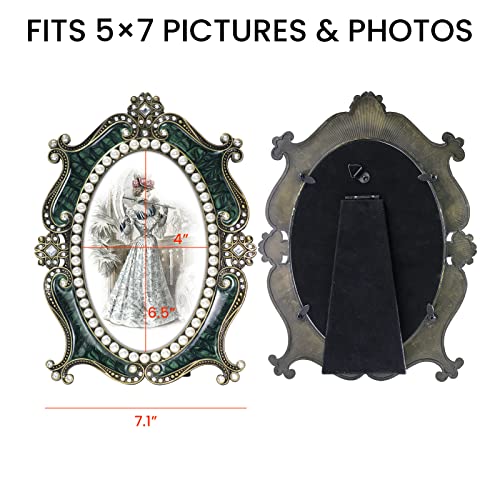 Guoer Vintage Oval Picture Frames 5X7 With White Pearl Photo Frame With Glass Front Rhinestone Antique Picture Frame For Tabletop Wall Hanging (5X7, Oval Dark Green) #TOP1
