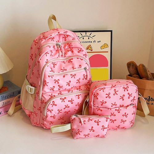3pcs Bow Backpack Bags Set,Aesthetic Nylon Rucksack Cute Kawaii Backpack 3Pcs Set with Bow Pattern,Daypack Bow Rucksack with Built-in Organizer3