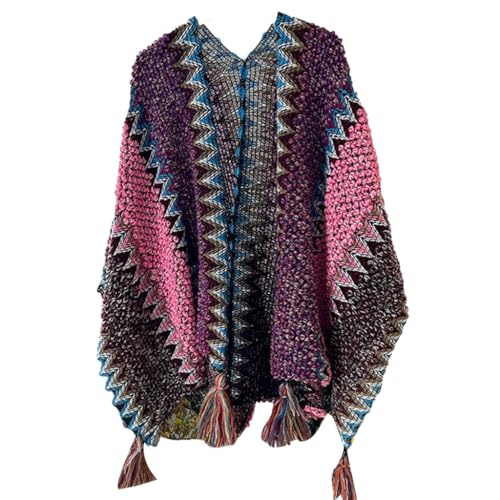 Ladies Knitted Cape with Fringed, Crochet Poncho Colorful Patterns for Womens Ethnic Cape Shawl Coat3