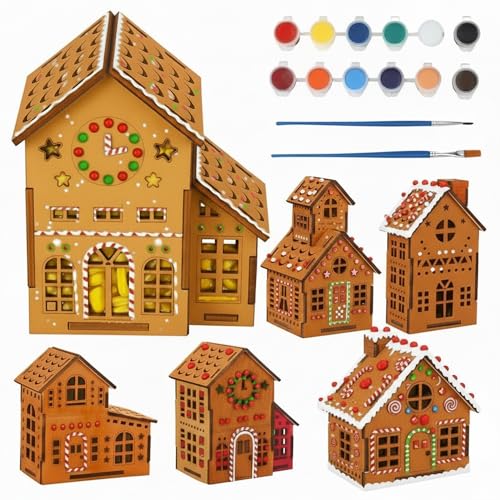 Fullhawl 10 Pack DIY Christmas Village Houses Craft Kit with Brush Dye...