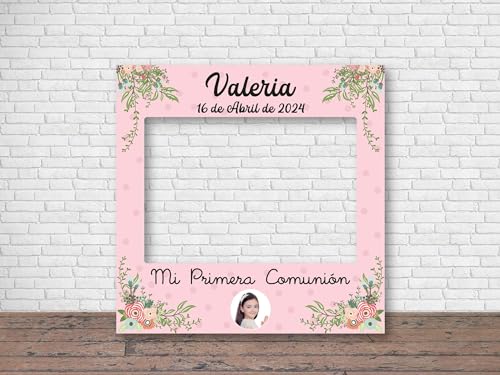 Oedim Photocall Mi Primera Comunión Fondo Rosa + Carteles Personalizado, photocall Decorativo para comuniones, decoración para Eventos
