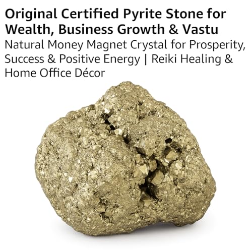 Image of Original Pyrite Stone with Natural Selenite Charging Plate | Lab Certified Crystal Set for Wealth, Business Luck, Reiki Healing & Vastu Energy inch (SEL+METRON)