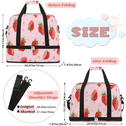 Travel Duffel Bags Heart Strawberry Pink Foldable Weekender Bags for Women with Shoes Compartment Waterproof & Tear Resistant Carry on Overnight Luggage Duffel Bag Shoulder Sports Tote Bag,B-2652