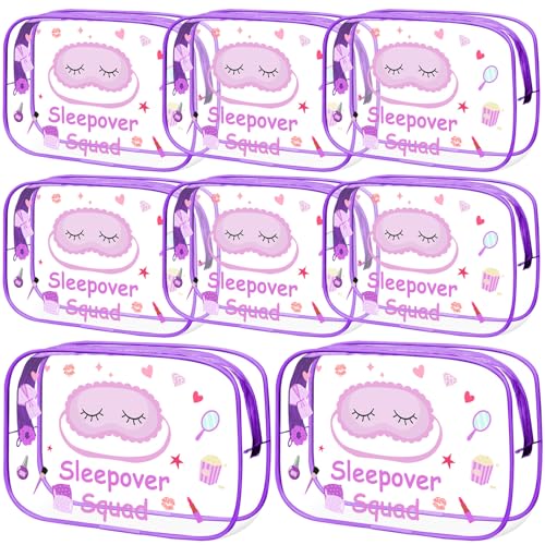 Aliceset 8 Pcs Sleepover Party Supplies Sleepover Squad Makeup Bags Slumber Birthday Party Favors Spa Squad Cosmetic Bag Spa Stuff Waterproof Toiletry Pouches Overnight Decorations(Purple)