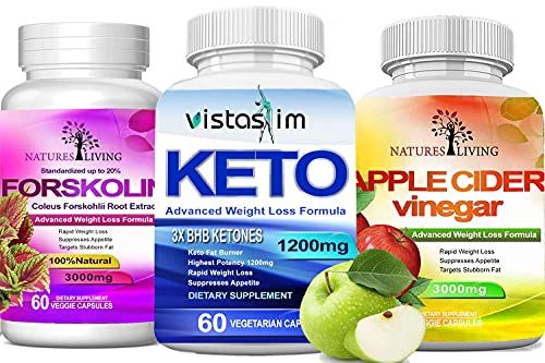 Combo Pack of Keto BHB 1200mg Pure Ketone + Forskolin 3000mg Extra Strength + Apple Cider Vinegar 3000mg - Advanced Weight Loss for Men Women. Boost Energy While Burning Fat