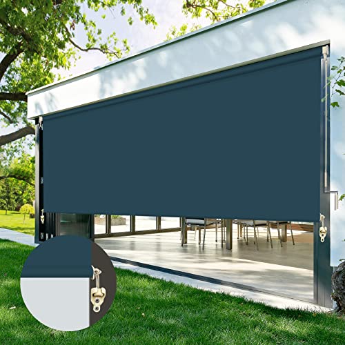 ZY Blinds Exterior Blackout Cordless Window Blinds, Waterproof Dark Blue Fabric Outdoor Roller Shades, Sunlight Protection Pull Shade Privacy Screen for Deck, Porch, Balcony, Backyard