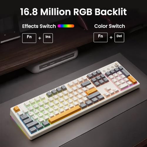 Image of Kisnt KN104 Wireless Mechanical Keyboard, 100% Full Size with Knob, Bluetooth /2.4GHz /USB-C, Custom RGB Backlit, Hot-Swappable Linear Switch, Creamy Sound for Gaming /Typing (Retro Beige)
