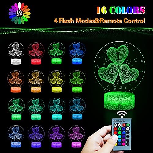3D Night Light for Kids Girls Lovers, I Love You Optical Illusion Lamp,Heart Bedside Table Lamp, Romantic Gifts for Valentine's Day,Birthday,Anniversary or Holiday