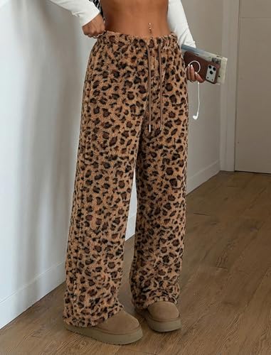 Image of ZAFUL Women's Fuzzy Plush Pajama Pants Wide Leg Pj Bottoms Lounge Pants | Soft Fluffy Sleep Pants Drawstring Elastic Waist Teddy Pjs for Women No Pockets