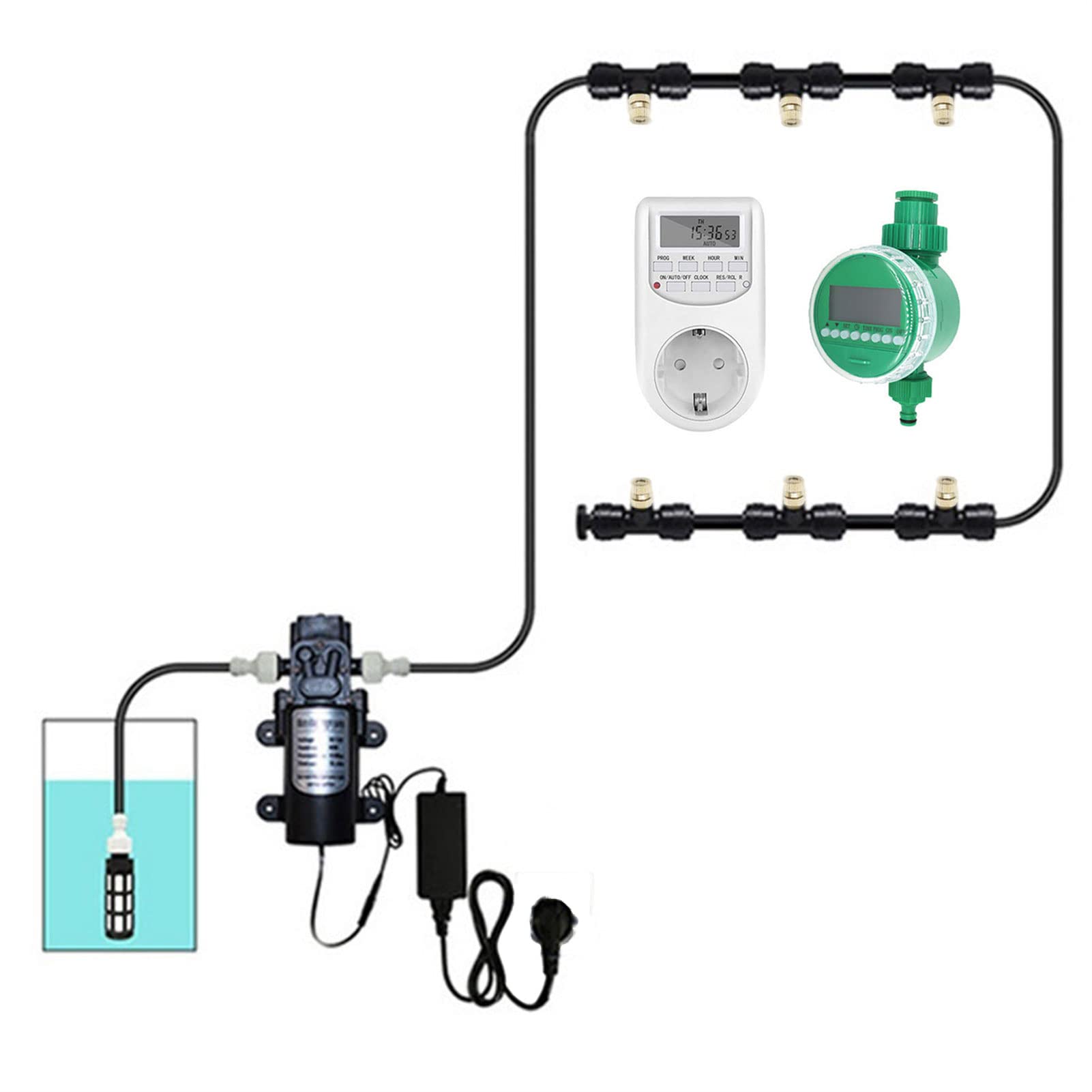 Nebulizzatore Giardino da Esterno con Pompa silenziosa 24v & timer, Kit di nebulizzazione con filtro, Sisteme di Raffreddamento for Patio, Sisteme Irrigazione Giardino