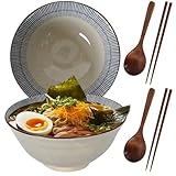 DecorDwell 1200ml Ramen Bowl de Cerámica, 2 Juegos Tazón de Ramen Japonés con Palillos y Cuchara, Ensaladeras, Tazones de Sopa para Ensalada Fideos Cereales Sopa Frutas Verduras (Rayas)