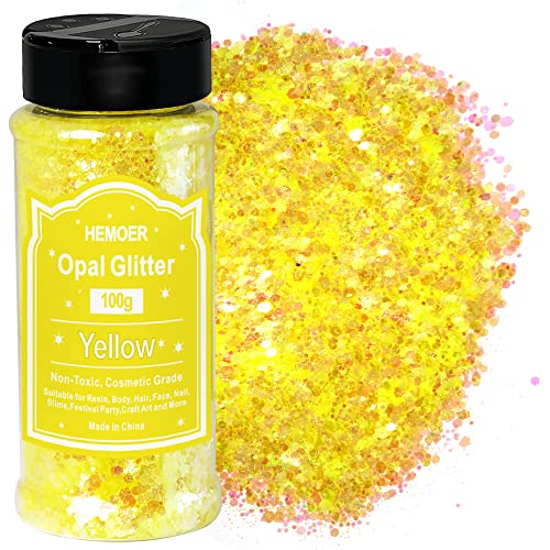 HEMOER Yellow Opal Glitter 100g/3.5oz, Cosmetic Mixed Hexagon Chunky & Fine Craft Glitter Resin Sequins for Epoxy Glass, Resin Art, Body, Hair, Face, Nail, Tumbler, Festival Party