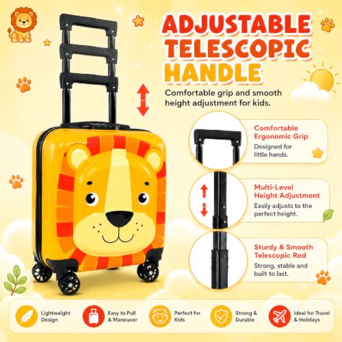 Image of Storite 18In Kids Luggage Trolley Hard Shell Cabin Suitcase | Cartoon Lion Face Design Suitcase Ideal For School Trips Vacations Holidays And Weekend Travel (Yellow - 35 x 23 x 38 Cm)