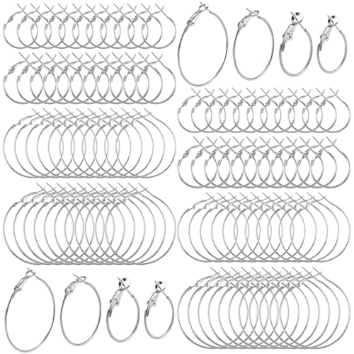 HINZIC 96Pcs 20/25/30/40mm Round Hoop Earrings Finding, Silver Hypoallergenic Earring Hoops, Alloy Open Beading DIY Earrings Supplies for Jewelry Making Craft
