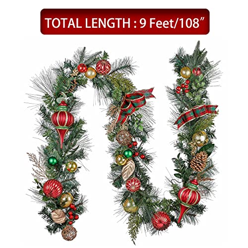 Valery Madelyn Pre-Lit 9 Feet Traditional Red Green Gold Christmas Garland With 40 Led Warm Lights And Ball Ornaments Berries For Front Door Window Fireplace Mantle Xmas Decor, Battery Operated #TOP4