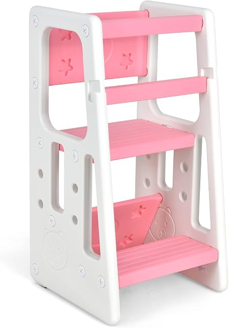 GYMAX Step Stool for Kids, Kitchen Helper Stand with Double Safety Rails, Adjustable Heights and Anti-Slip Foot Pads, Toddler Tower Lightweight Stepladder (Pink)