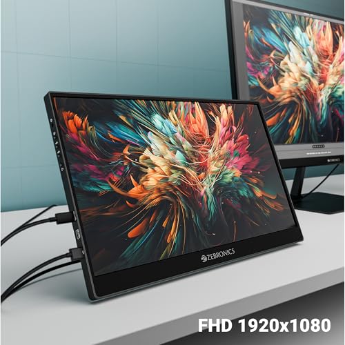 Image of Zebronics 15.6 inch Portable Monitor, FHD 1080p, 60 Adjustable Stand, 16:9 Aspect Ratio, 250Nits, 16.7M Colors, Type-C PD Input, Type-C Input, Mini HDMI, Built-in Speakers, Wall-Mountable (Pixigo A16S)
