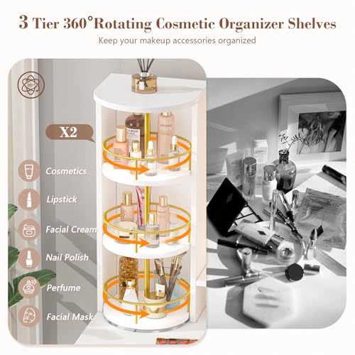 Image of Vanity Desk with LED Mirror and 360 Rotating Makeup Organizer Shelves, White Makeup Vanity with Lights & Charging Station, Large Vanity Table with 6 Storage Drawers Bedroom Makeup Desk for Women Girls