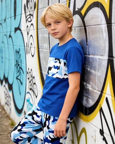 Image of OLMRJKD Boys 2 Piece Outfits Color Block Clothes Short Sleeve T Shirt and Camouflage Pants Summer Clothing Sets