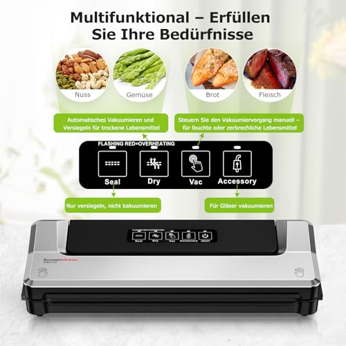 Bonsenkitchen Vakuumiergerät, Vakuumierer Folienschweißgerät für Sous Vide Kochen und Lebensmittel Bleiben bis zu 6x Länger Frisch, 5 Vakuumbeutel Inklusive (Sliber)