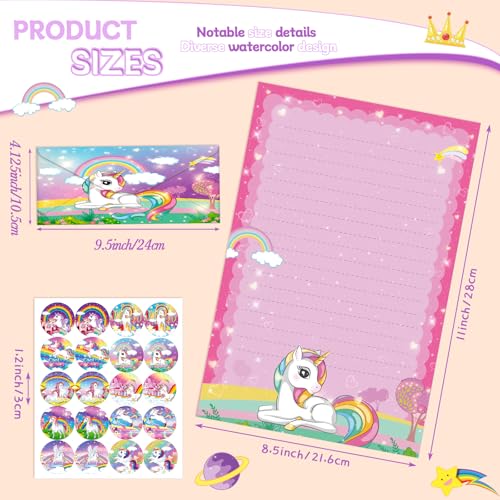Image of TaoBary 160 Pcs Stationery Paper Set 50 Double Sided Stationery Papers with 50 Matching Envelopes and 60 Round Dot Sticker, 10 Design(Unicorn,8.5 x 11 Inch)
