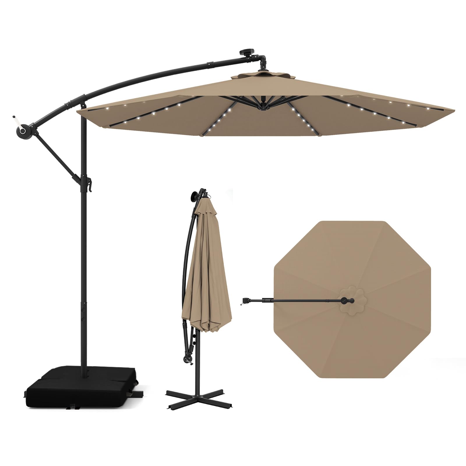 COSTWAY Parasol przeciwsłoneczny 300 cm ze stojakiem i diodami LED, z korbą, parasol ogrodowy, ochrona przed promieniowaniem UV, parasol na taras, do ogrodu, na basen, taras