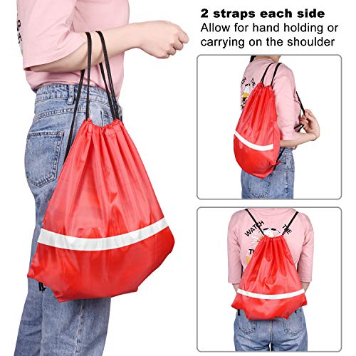 Image of KUUQA 12 Pcs Red Drawstring Backpacks with Reflective Strips - Polyester, 15.7 inch x 13.4 inch, Ideal for Yoga, Sport, Travel
