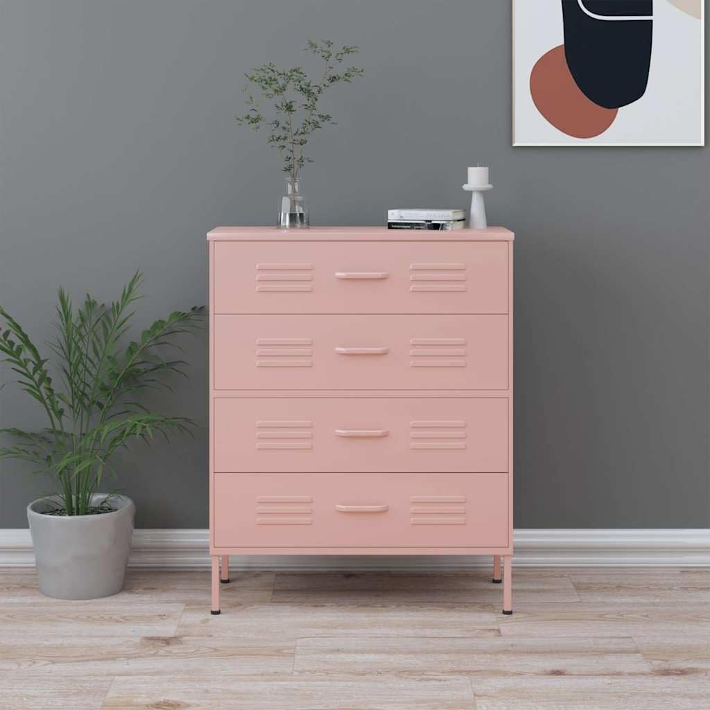 Cassettiera rosa, 80 x 35 x 101,5 cm, in acciaio, moderna credenza con 3 cassetti, livellamento regolabile in altezza, ripiano durevole per camera da letto, soggiorno, corridoio, cameretta
