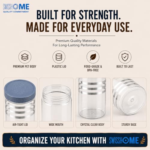 Image of SwissHome Kitchen Storage Containers Set with Spoons, Airtight Food Grade Storage Jars, Transparent Pantry Containers for Rice, Pulses, Dry Fruits, Pasta & Spices (Grey 12 Pcs)