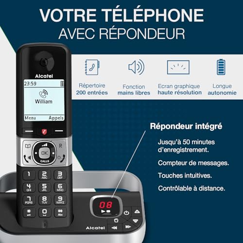 ALCATEL F890 Voice Trio Téléphone Fixe Sans Fil DECT Avec Répondeur Écran Graphique Haute Résolution Mains Libres Blocage Des Appels Sonnerie VIP Répondeur 50 Min 3 Combinés - vue 3