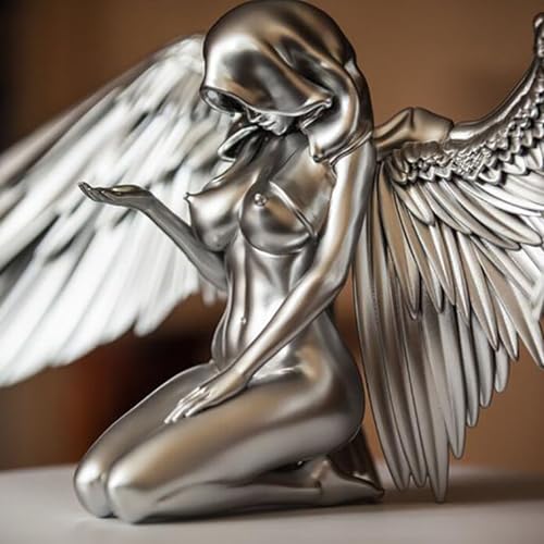 Estatua de Ángel Arrodillado Nude de Resina Plateada miniatura 4