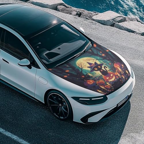 Image of Cute Halloween Cat Pumpkin Hood Cover for Compact Sedan SUV Truck, 59x39 Inch Auto Hood Flag, Waterproof Auto Banner, Automotive Exterior Accessories, Easy Installation