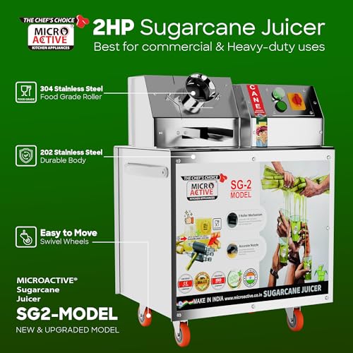 Image of MICROACTIVE 2HP Virat Heavy Duty Sugarcane Juicer Machine SS-304 Roller & 3-Roller Mechanism with Full SS Body (2 HP | 1500 Watts)