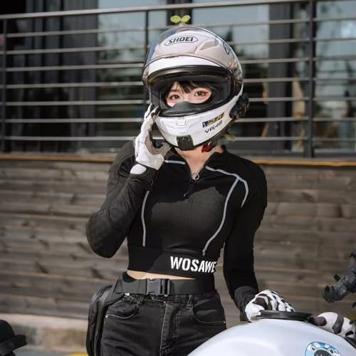 WOSAWE Womens Motorcycle Jacket Cropped Half Zipper Pullover Padded Summer Motorbike Shirt Scooter Riding Gear, Black L - Thumbnail 3