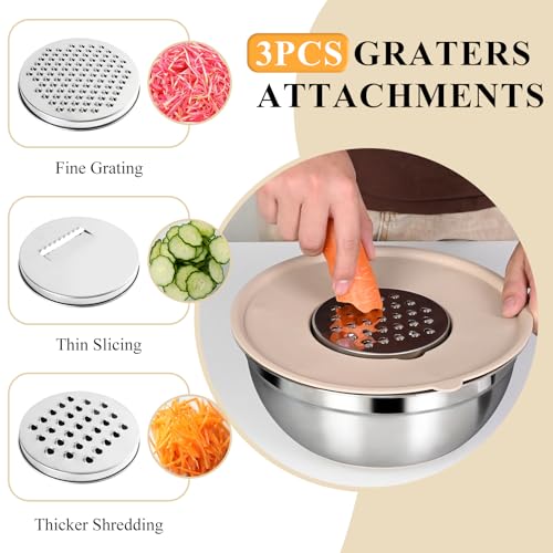Mixing Bowls with Airtight Lids Set, 20 PCS Kitchen Gadgets Set, 6 Stainless Steel Bowls,3 Grater Attachments,Non-Slip Silicone Bottoms,Great for Serving&Baking,Size 5, 4, 3.5, 2.1, 1.5, 1.1QT (Khaki) - Image 4